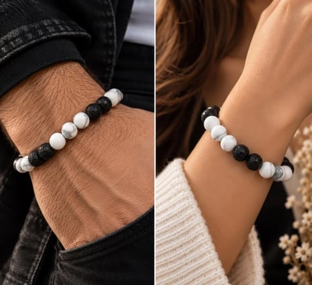 Siyah Lav Taşı ve Beyaz Havlit Taşı Unisex Bileklik-El Yapımı Doğaltaş