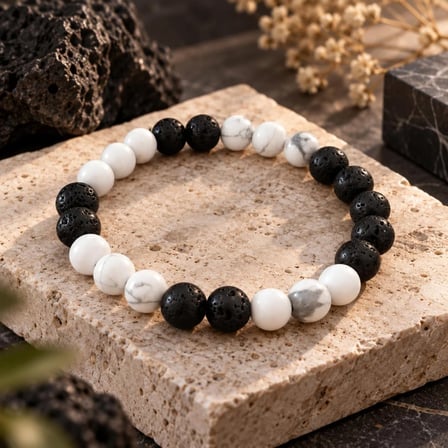 Siyah Lav Taşı ve Beyaz Havlit Taşı Unisex Bileklik-El Yapımı Doğaltaş