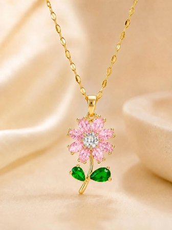 Zirkon Taşlı Pembe Papatya Kolye - Yeşil Yaprak Detaylı Altın Kaplama