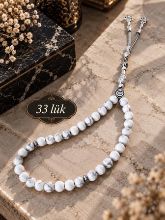 Gümüş Püsküllü 33'lük Beyaz Havlit Doğal Taş Tesbih