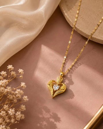14K Altın Kaplama Zirkon Taşlı Melek Kanadı Kalp Kolye - Romantik Kadın Kolye
