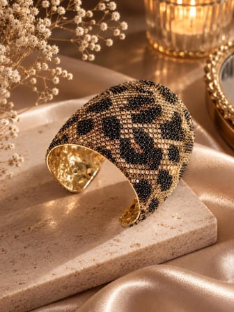 Lüks Leopar Desenli Taşlı Gold Kelepçe Bileklik – Işıltılı Kadın Bileklik