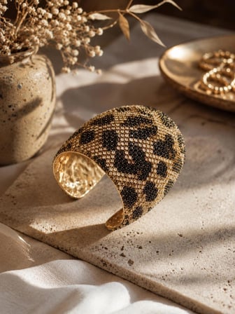 Lüks Leopar Desenli Taşlı Gold Kelepçe Bileklik – Işıltılı Kadın Bileklik
