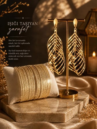 Kadın Gold Abiye Takı Seti - Işıltılı Küpe & Çoklu Bilezik Kombini