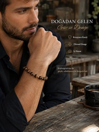 El Yapımı Doğal Kaplan Gözü ve Metal Ara Detaylı Doğaltaş Bileklik