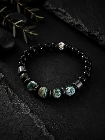 doğal yosunlu akik, oniks ve hematit taşı bileklik - 8 mm koruyucu doğal taş tasarım
