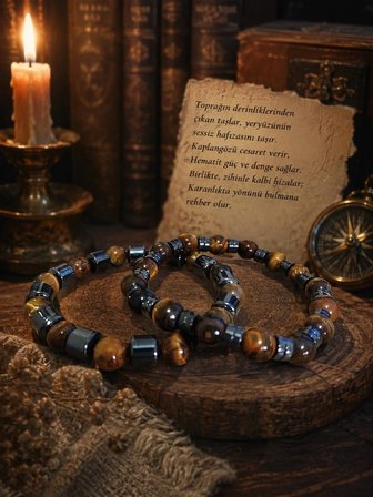Özel Tasarım Kaplangözü ve Hematit Doğal Taş Erkek Bileklik 2'li Set - Güç ve Şans Bilekliği(8mm)