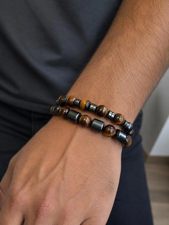 Özel Tasarım Kaplangözü ve Hematit Doğal Taş Erkek Bileklik 2'li Set - Güç ve Şans Bilekliği(8mm)