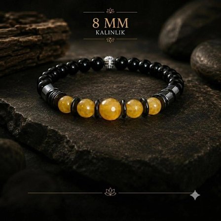 Özel Tasarım El Emeği Sarı Akik, Hematit ve Oniks Doğal Taş Erkek Bileklik - 8 mm