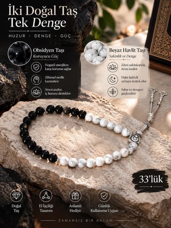 Beyaz Havlit ve Obsidyen Taşlı 33'lü Tasarım Tesbih - Gümüş Püsküllü