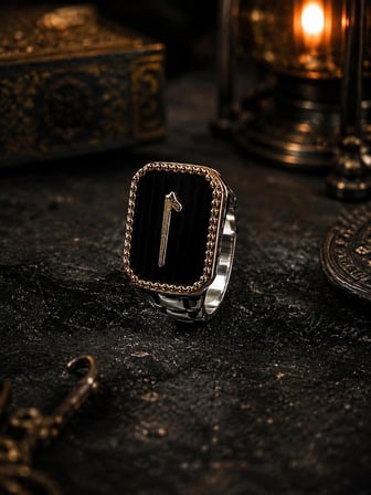 Gümüş Kaplama Erkek Yüzük - Gold Çerçeveli Siyah Taşlı Şövalye Yüzüğü