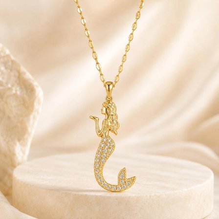 Gold Renk Zirkon Taşlı Deniz Kızı Kolye - Minimalist Tasarım Şık Kadın Kolyesi