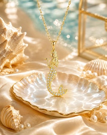 Gold Renk Zirkon Taşlı Deniz Kızı Kolye - Minimalist Tasarım Şık Kadın Kolyesi