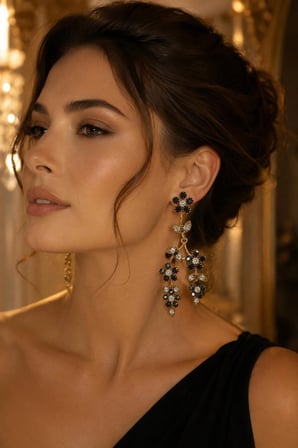 Siyah Kriatal Taşlı Çiçek Motifli Sallantılı Abiye Küpe - Gold Kaplama Işıltılı Gece Küpesi