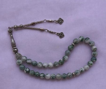 Doğal Yosunlu Akik Taşı Tesbih 33'lü - 8 mm Gümüş Kamçılı Erkek Tesbih