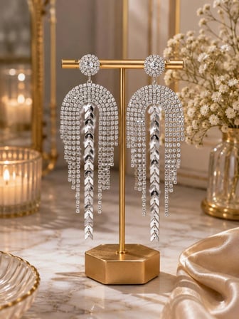 VIP Premium Gümüş Renk Zirkon Taşlı Sallantılı Abiye Küpe | Işıltılı Özel Tasarım Düğün ve Gece Takısı