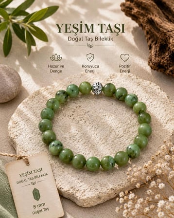 Doğal Yeşim (Ceyt) Taşı Erkek Kadın Bileklik - Doğal Nefrit Yeşimi Küre Kesim Tasarım