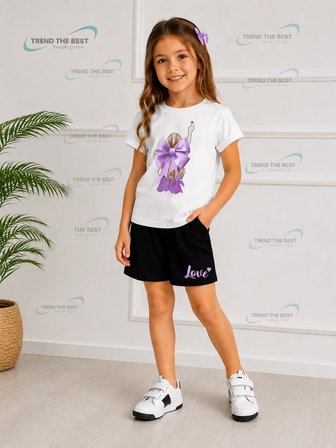 Yazlık Lila Kurdele ve Love Baskılı Kız Çocuk Siyah Şort, Beyaz T-Shirt Takım