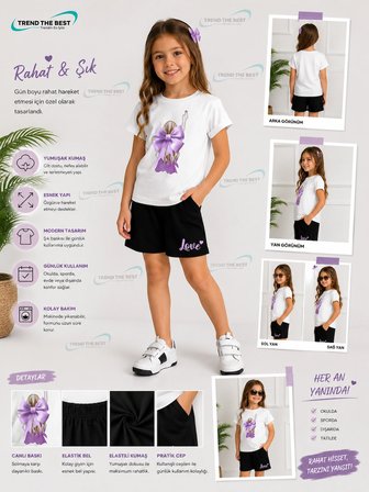Yazlık Lila Kurdele ve Love Baskılı Kız Çocuk Siyah Şort, Beyaz T-Shirt Takım