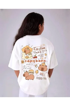 Lily CoKrem Good Luck Capybara Baskılı Pamuklu Oversize Unisex Çocuk Tişörtü