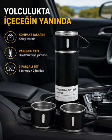 500 ml Paslanmaz Çelik Termos Seti – Sızdırmaz, Vakumlu, Isı Koruma Özellikli, Taşınabilir Termos - 