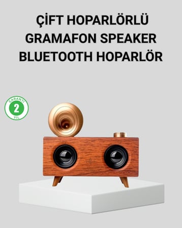 Retro Gramafon Bluetooth Hoparlör Çift Stereo Sesli FM Radyo Destekli - Lisinya