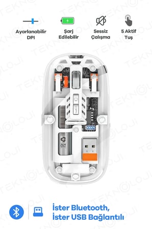 Bluetooth USB Çift Modlu Sessiz Mouse, Şeffaf Mıknatıslı Kapaklı, Type-C Şarjlı, DPI Ayarlı, Kablosu