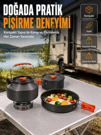 Alüminyum Kamp Pişirme Seti Katlanabilir Kulplu Çaydanlık Tencere Tava Outdoor Yemek Seti - Lisinya