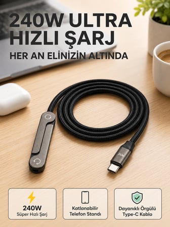 Örgülü 240W Type-C Katlanabilir Telefon Standlı Şarj Kablosu - Lisinya