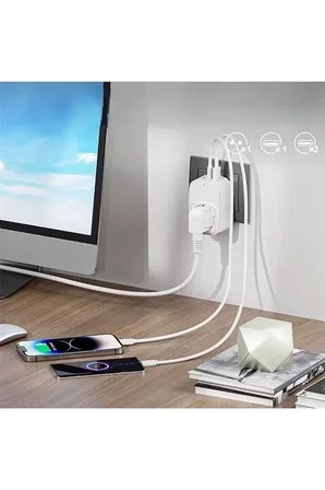 Tekli Yüksek Voltaj Korumalı Duvar Prizi 2x Type-c 1x Usb Çıkışlı Priz Grup Priz Çoğaltıcı Beyaz ( L