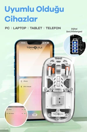 Bluetooth USB Çift Modlu Sessiz Mouse, Şeffaf Mıknatıslı Kapaklı, Type-C Şarjlı, DPI Ayarlı, Kablosu