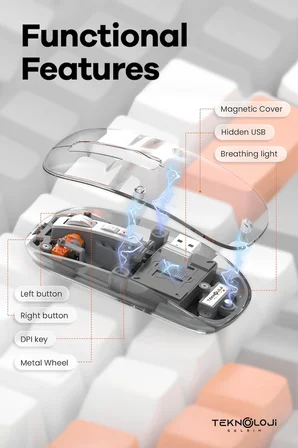 Bluetooth USB Çift Modlu Sessiz Mouse, Şeffaf Mıknatıslı Kapaklı, Type-C Şarjlı, DPI Ayarlı, Kablosu