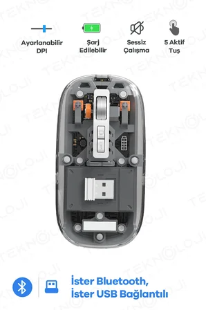 Bluetooth USB Çift Modlu Sessiz Mouse, Şeffaf Mıknatıslı Kapaklı, Type-C Şarjlı, DPI Ayarlı, Kablosu