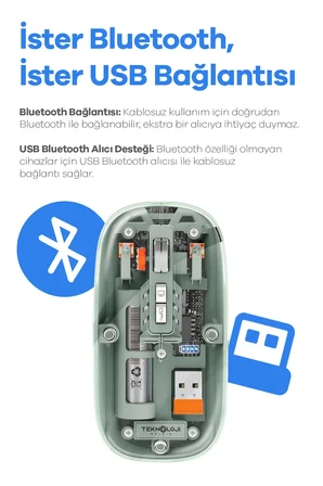 Bluetooth USB Çift Modlu Sessiz Mouse, Şeffaf Mıknatıslı Kapaklı, Type-C Şarjlı, DPI Ayarlı, Kablosu