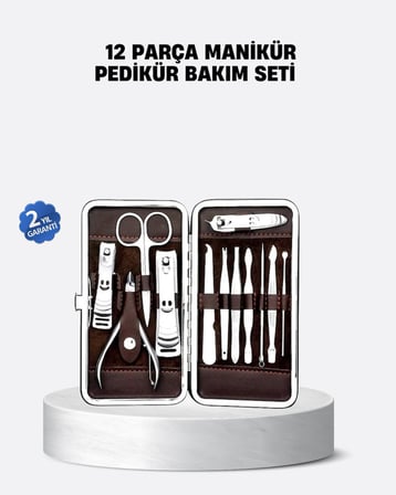 Özel Deri Çantalı 12 Parça Manikür Pedikür Bakım Seti Paslanmaz Çelik - Lisinya