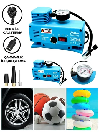 220 Volt-12 Volt 250 Psi Geniş Uygulama Yelpazesi Kompresör Lastik Hava Şişirme Oto Pompası ( Lisiny