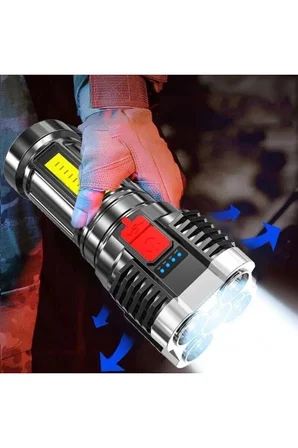 Ultra Parlak El Feneri Usb Şarj 4 Led+Yan Cob Led Taktik Günlük Hayat Kamp Avcılık El Feneri ( Lisin