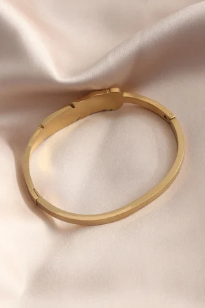 Gold Renk Yaprak Model Zirkon Taş Detay Kelepçe Kadın Bileklik - Lisinya