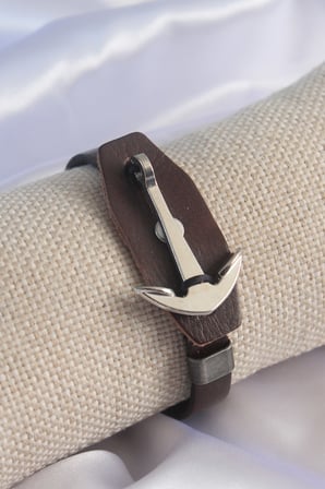 Kahverengi Deri Model Gümüş Renk Çapa Figür Erkek Bileklik - Lisinya