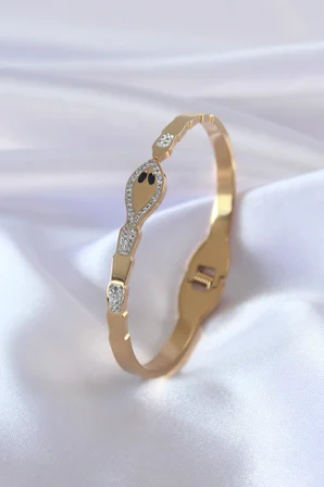 316L Çelik Gold Renk Yılan Model Zirkon Taş Detay Kadın Kelepçe - Lisinya