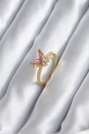 Gold Renk Pembe Zirkon Taşlı Kelebek Model Kadın Yüzük - Lisinya