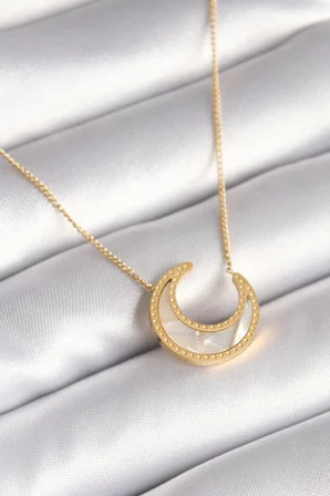 316L Çelik Gold Renk Beyaz Sedefli Hilal Model Kadın Kolye - Lisinya