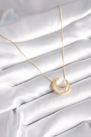 316L Çelik Gold Renk Beyaz Sedefli Hilal Model Kadın Kolye - Lisinya
