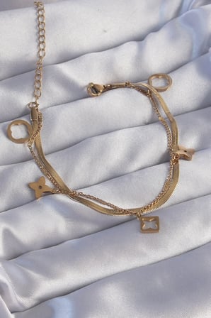 316L Çelik Gold Renk Çift Zincir Yonca Tasarım Bileklik - Lisinya