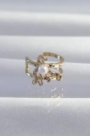 Pirinç Gold Renk İncili Ahtapot Earcuff Küpe - Lisinya