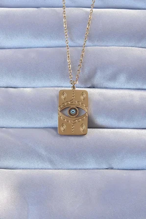 316L Altın Renk İşlemeli Nazarlı Vintage Kolye - Lisinya