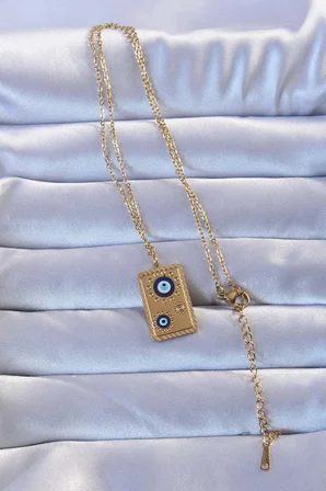316L Altın Renk İşlemeli Nazarlı Vintage Kolye - Lisinya