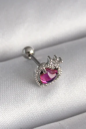 316L Çelik Gümüş Renk Pembe Mineli Kalp Zirkon Taş Detaylı Taç Tragus Piercing - Lisinya