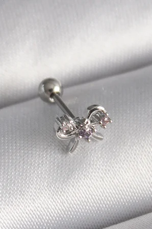 316L Çelik Gümüş Renk Zirkon Taşlı Kurdele Tragus Piercing - Lisinya