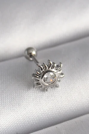 316L Çelik Gümüş Renk Zirkon Taşlı Güneş Tragus Piercing - Lisinya